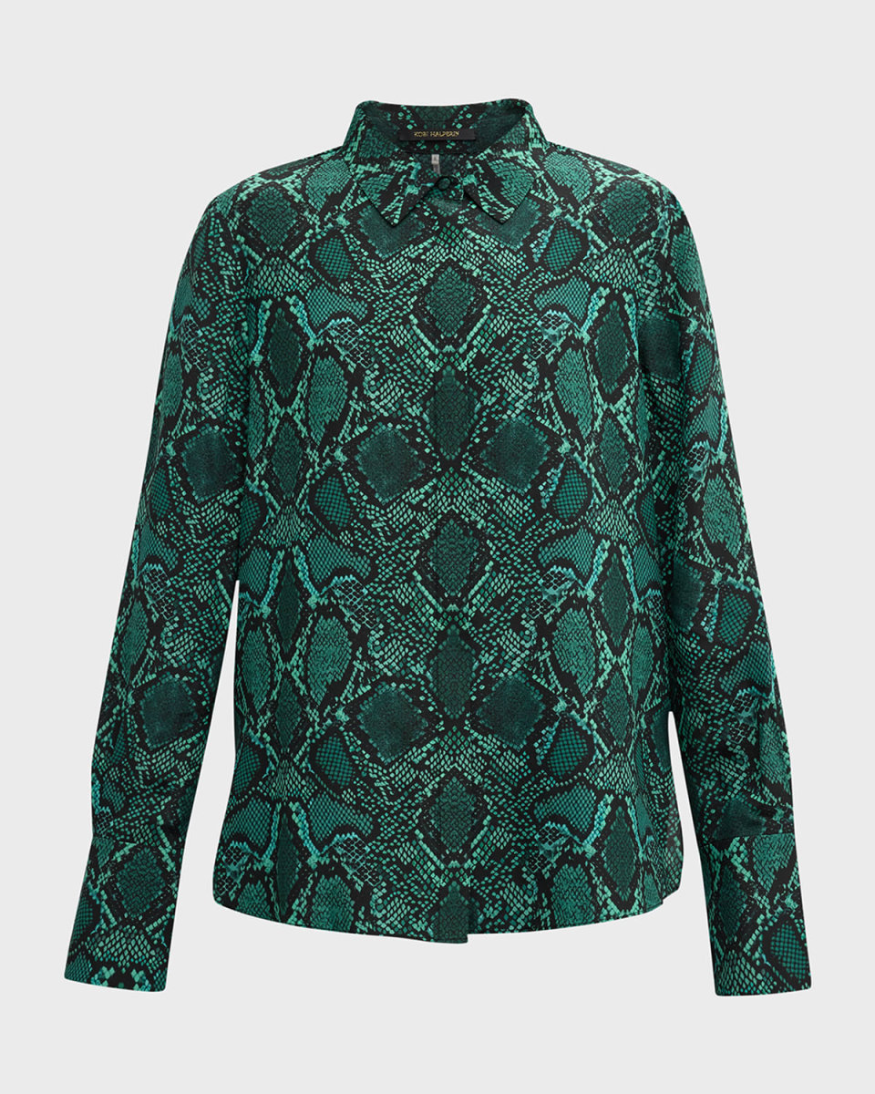 Brandy Snakeskin-Print Button-Down Silk Blous